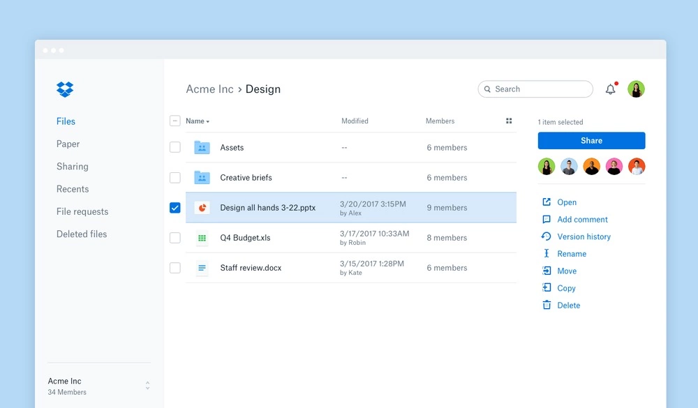 dropbox features dashboard